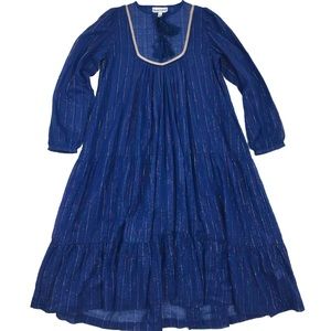 NEW Peas & Queues Peggy Boho Blue Lurex Stripe Peasant Midi Long Sleeve Dress L